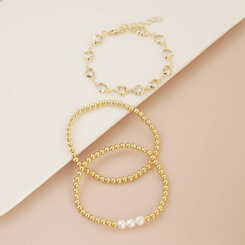 Pymach Store Dainty Gold Plated Pearl Crystal Beaded Bracelets Set for Women 14K Gold Plated Bead Pearl Beads Bracelet Stackable Paperclip Link Chain Bracelets Gold Plated Bracelets for Women Trendy Jewelry - Image 3